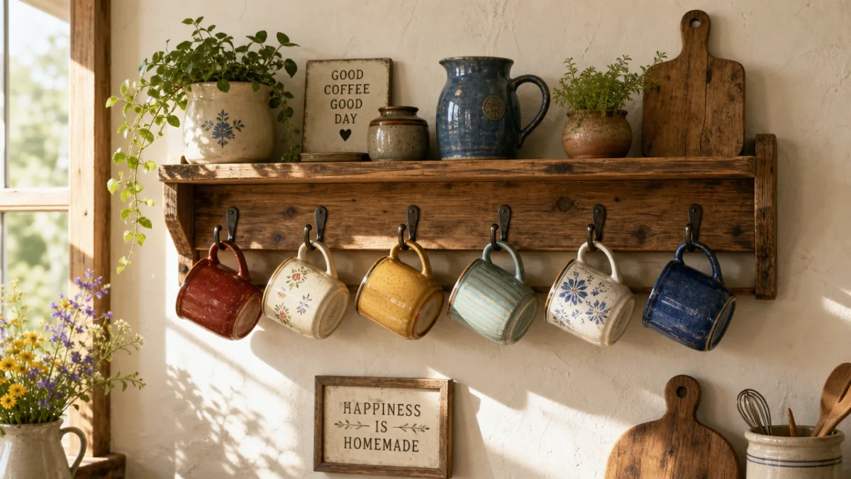 a rustic kitchen wall display with a wooden mug rack holding colorful…