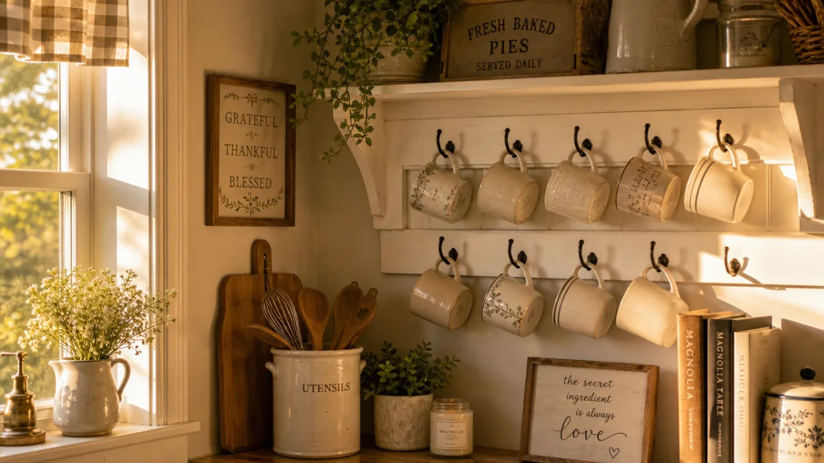 a cozy farmhouse kitchen corner with a painted white mug rack, hanging…