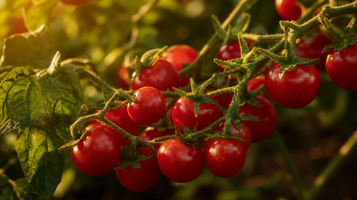 a cluster of tiny red currant tomatoes on the vine, warm golden…