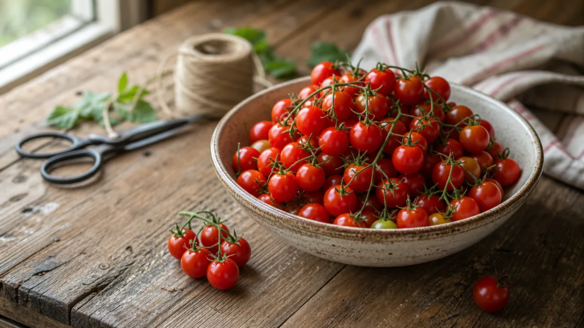 a rustic wooden table with freshly harvested red currant tomatoes in a…