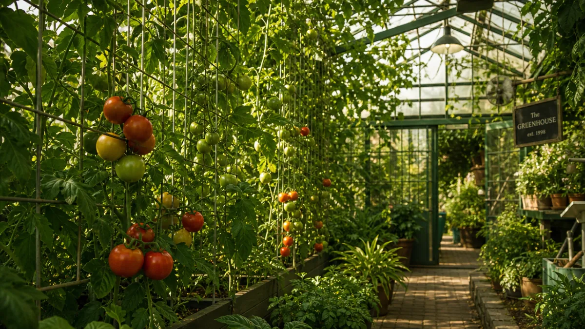 a lush greenhouse interior with tomato plants climbing wire supports, warm green…