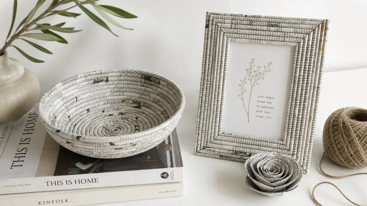 a styled flat lay of finished newspaper crafts including a bowl and…