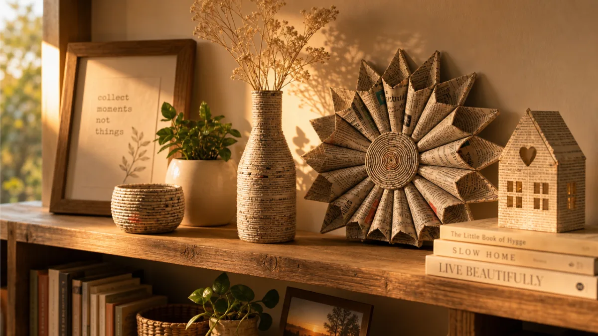 a cozy home interior displaying newspaper-crafted decorative pieces on a wooden shelf,…
