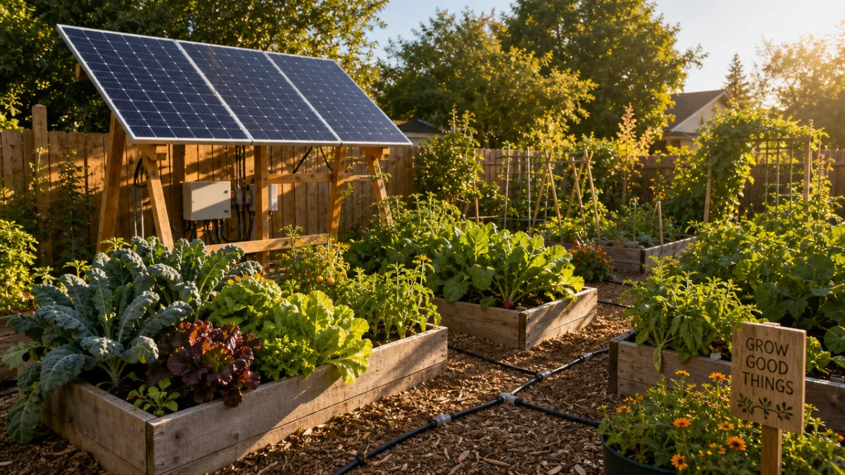 a sunny backyard garden with solar panel mounted on wooden frame, drip…