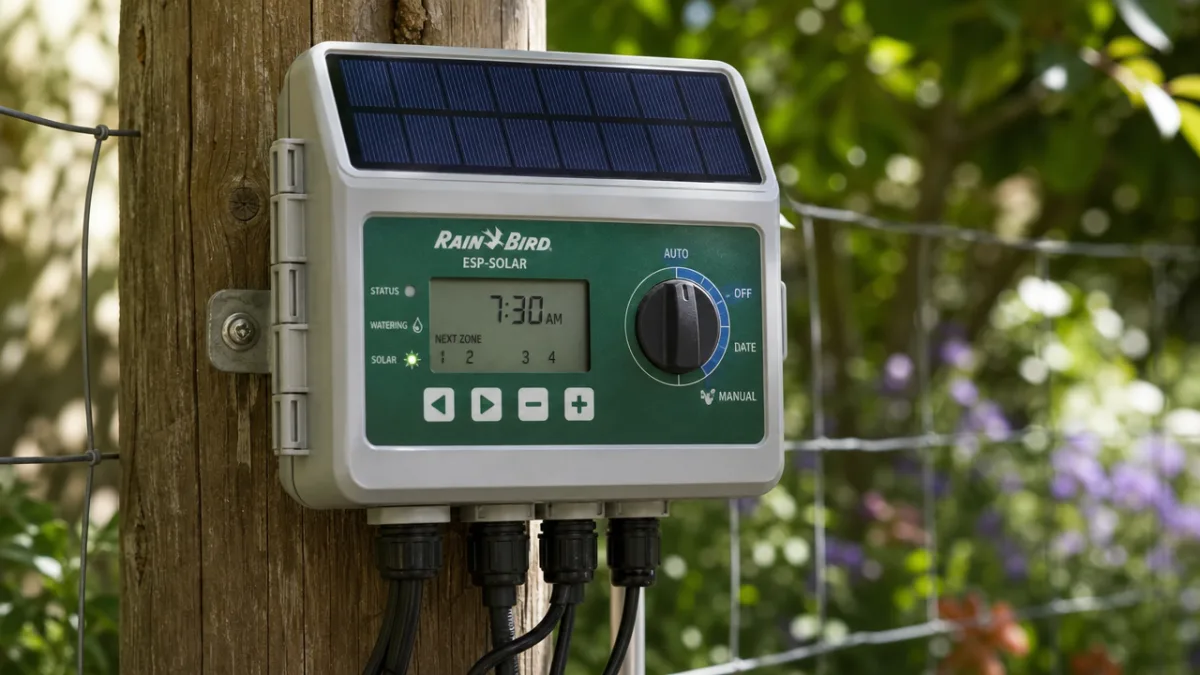 close-up of solar irrigation controller mounted on fence post with wires connected,…