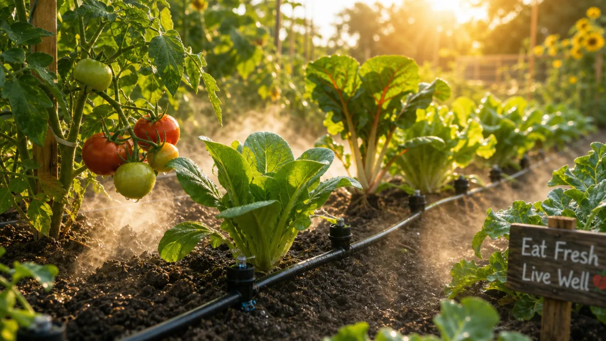 drip emitters delivering water at plant bases in a lush vegetable garden,…