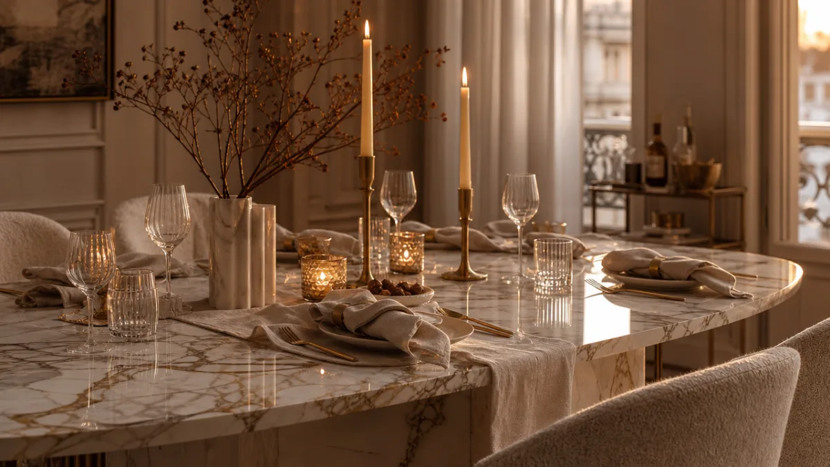 a luxurious marble dining table with candles and neutral linen styling, warm…