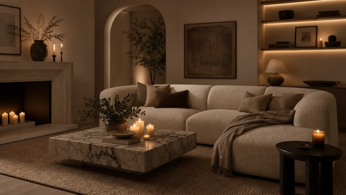 a neutral living room with boucle sofa, marble coffee table, and multiple…