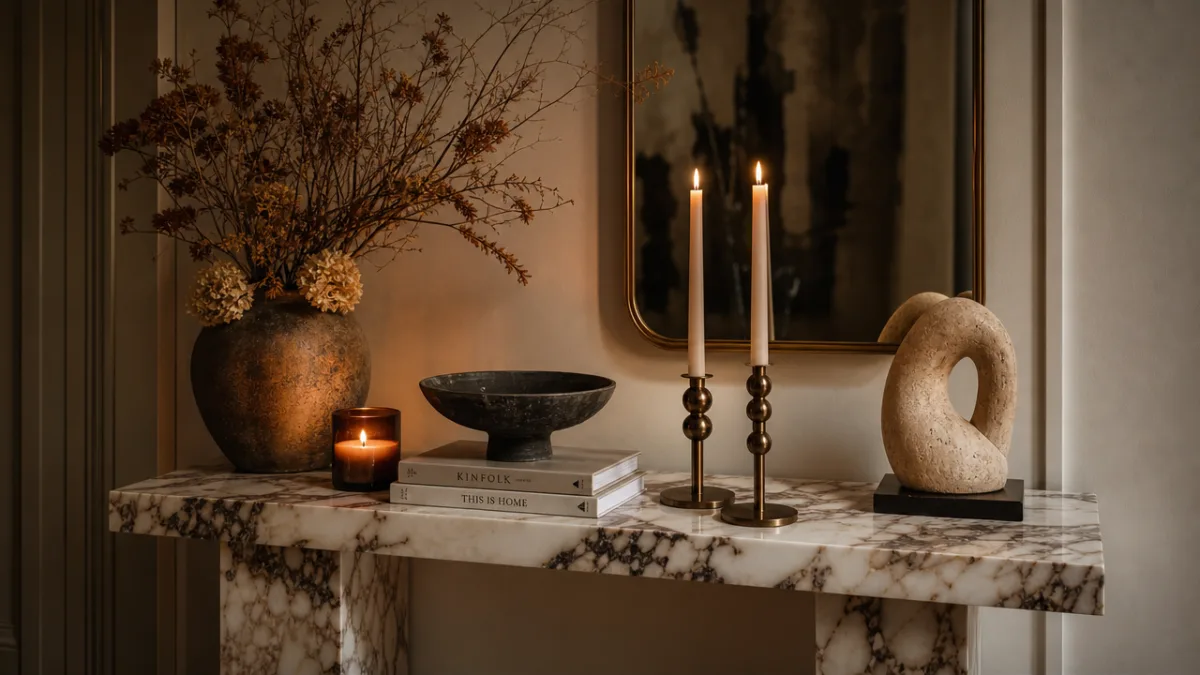 a styled marble console table with candles, dried botanicals, and sculptural objects…