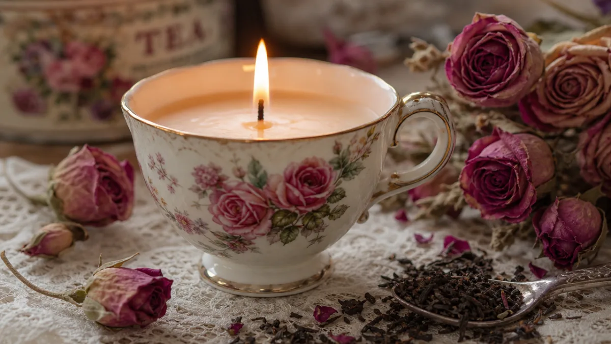a close-up of a vintage floral teacup candle with a softly flickering…