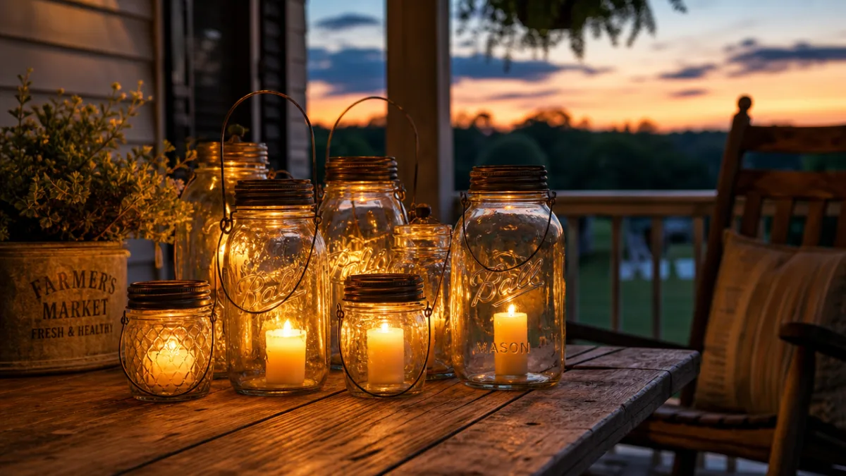 a rustic wooden porch table with clustered mason jar lanterns glowing amber…
