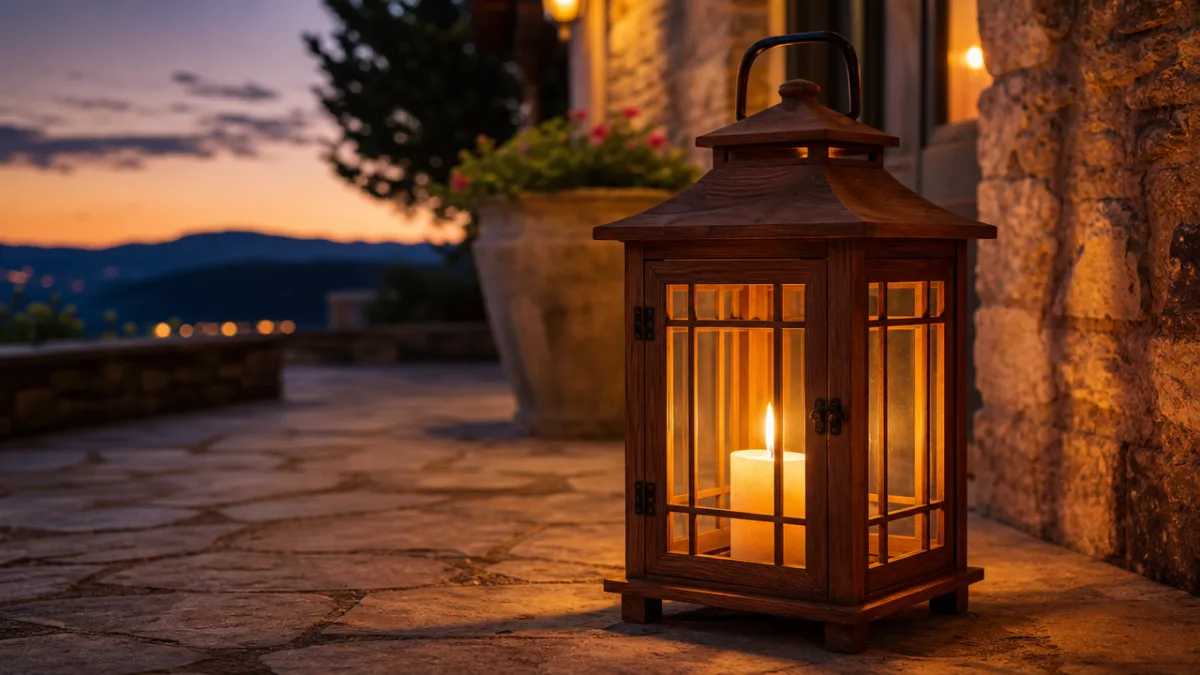 a beautifully crafted wooden frame lantern on a stone patio at dusk,…