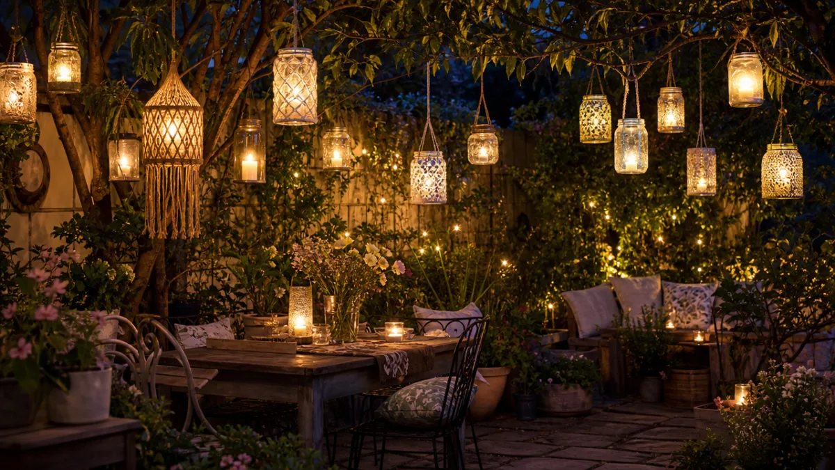 an enchanting garden patio at night with multiple hanging DIY lanterns, soft…