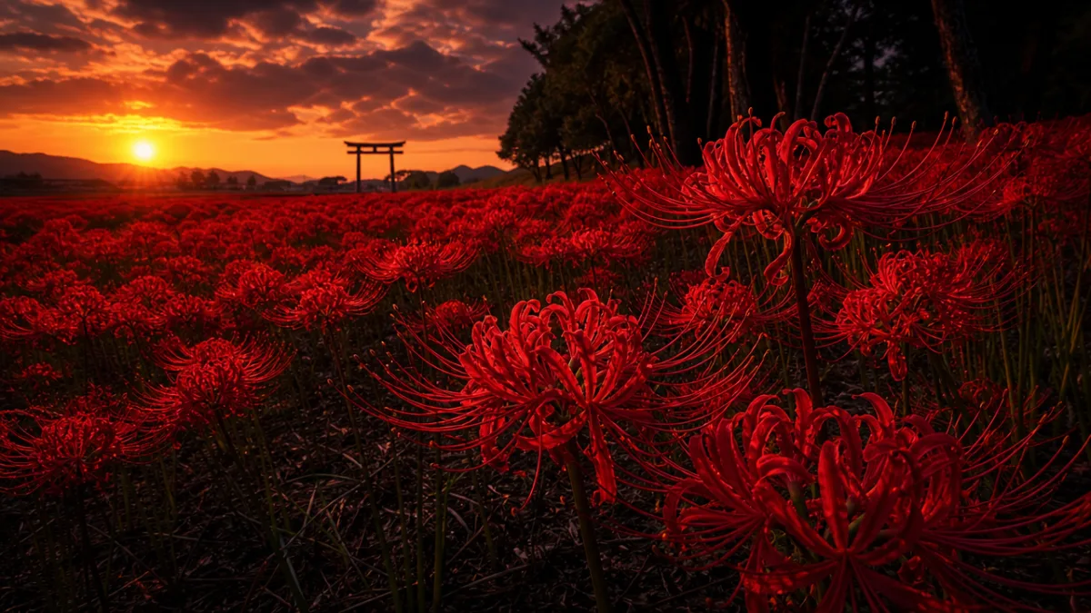 a dramatic field of vivid red Lycoris radiata in full bloom at…