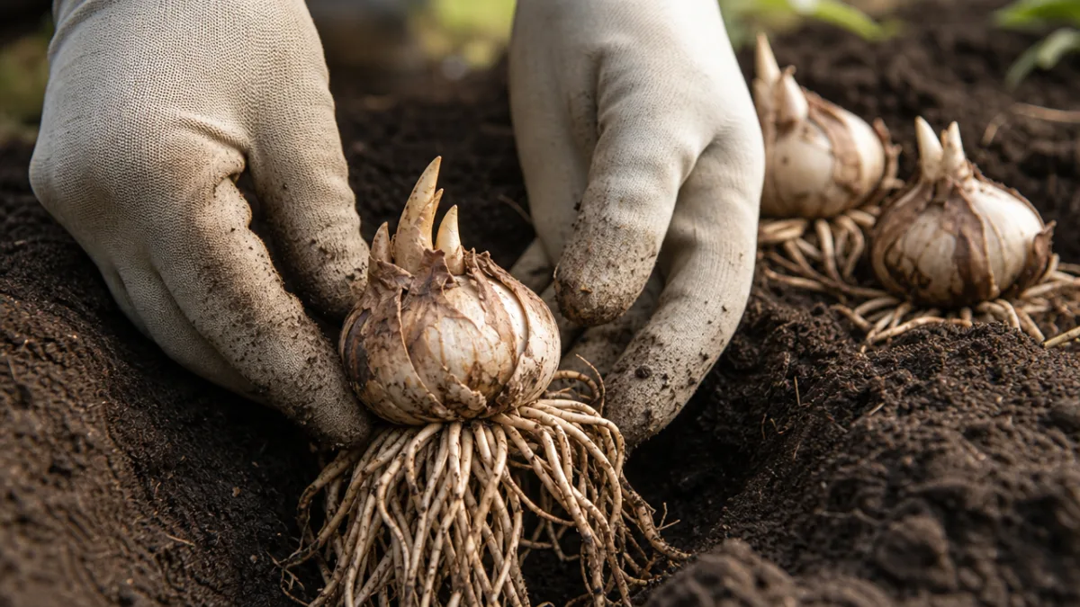 close-up of Lycoris bulbs and roots being carefully planted in rich dark…