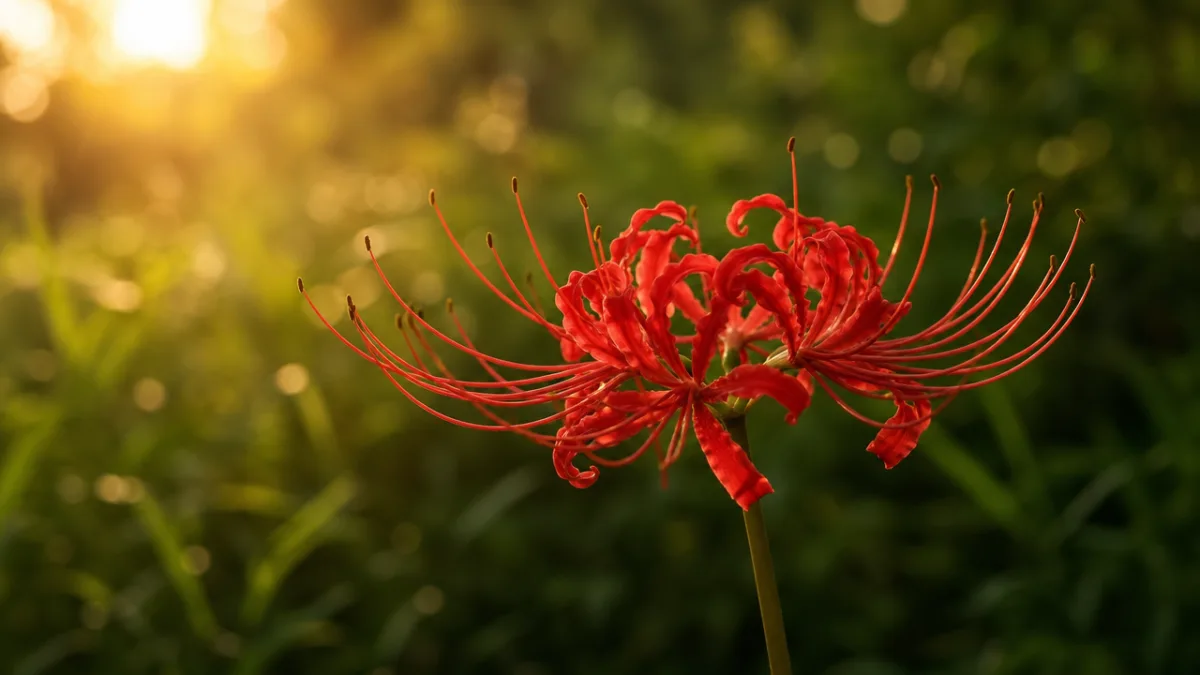 a single red Lycoris flower in sharp focus against a softly blurred…