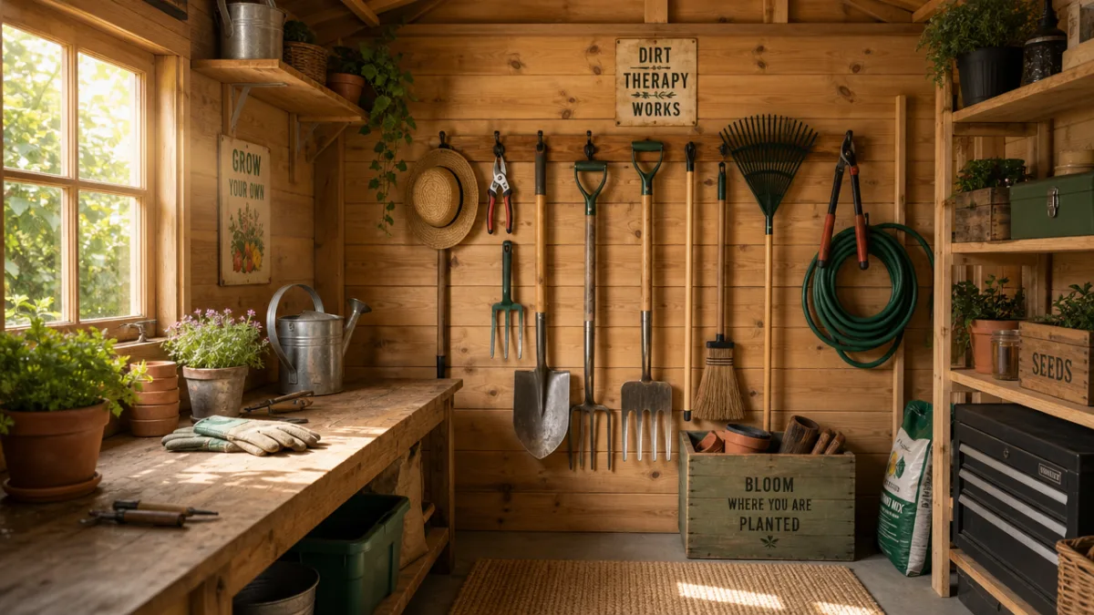 a well-lit garden shed interior with organized tools hanging on a wooden…