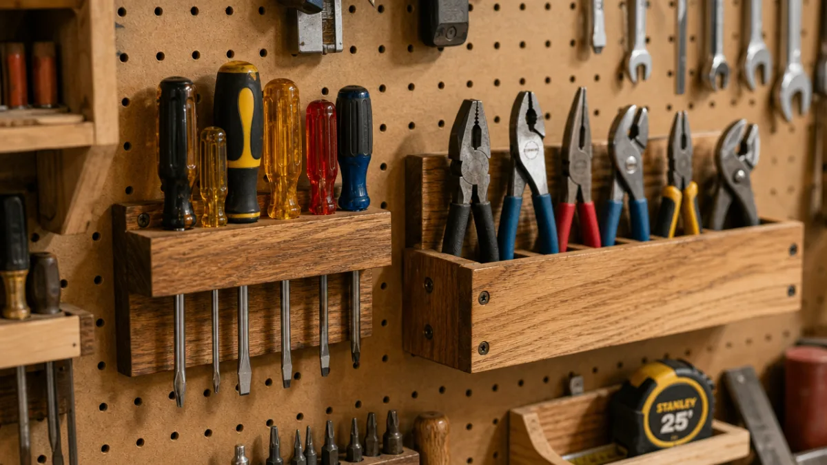 a close-up of DIY wooden tool holders mounted on a pegboard wall,…
