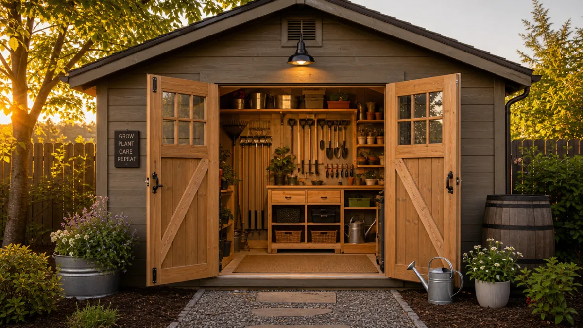 an organized garden shed exterior with open doors revealing tidy tool storage…