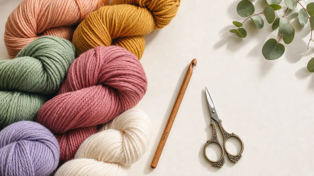 a flat lay of colorful yarn skeins, a wooden crochet hook, and…