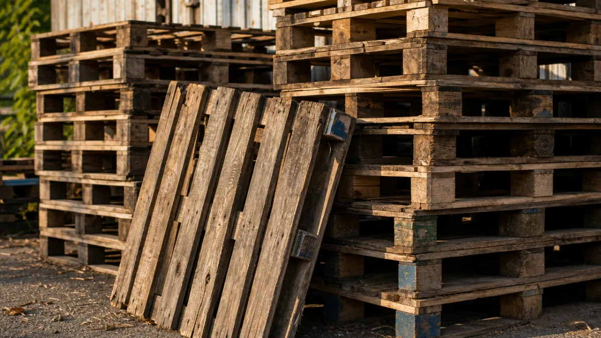 a collection of weathered wooden pallets stacked outdoors in warm afternoon sunlight,…