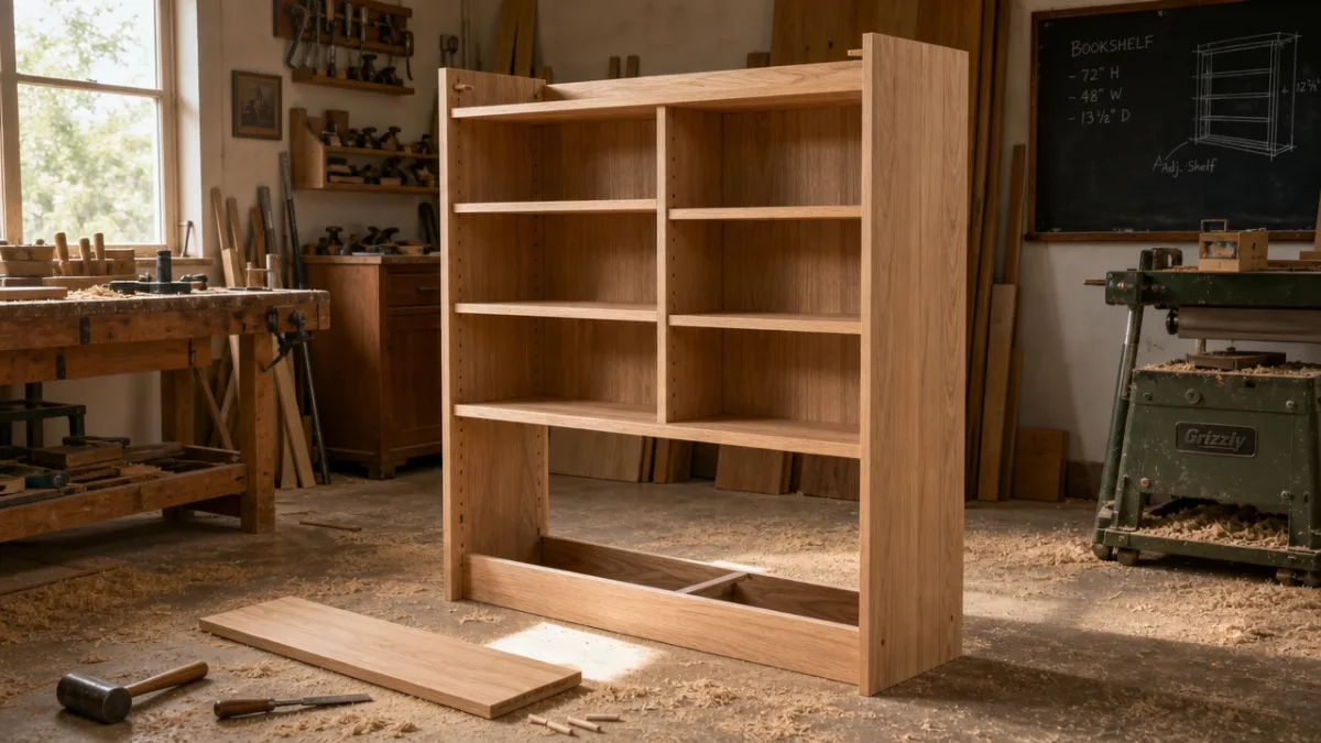 a half-assembled wooden bookshelf in a sunlit workshop, sawdust on the floor,…