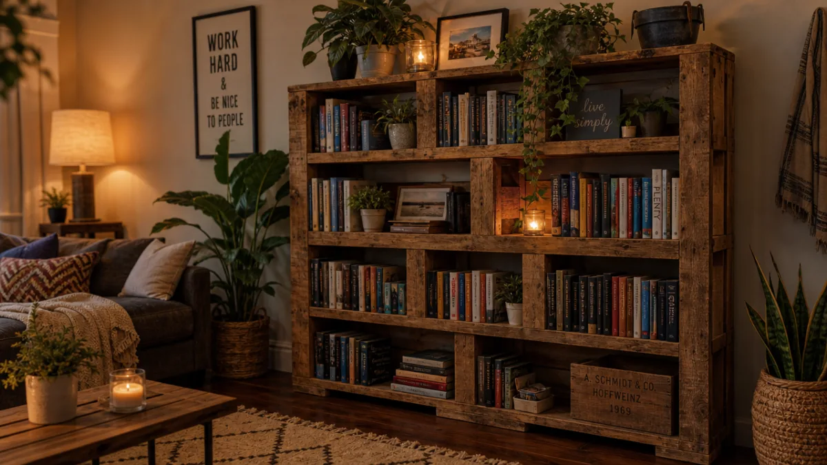 a finished rustic pallet bookshelf filled with books and plants in a…