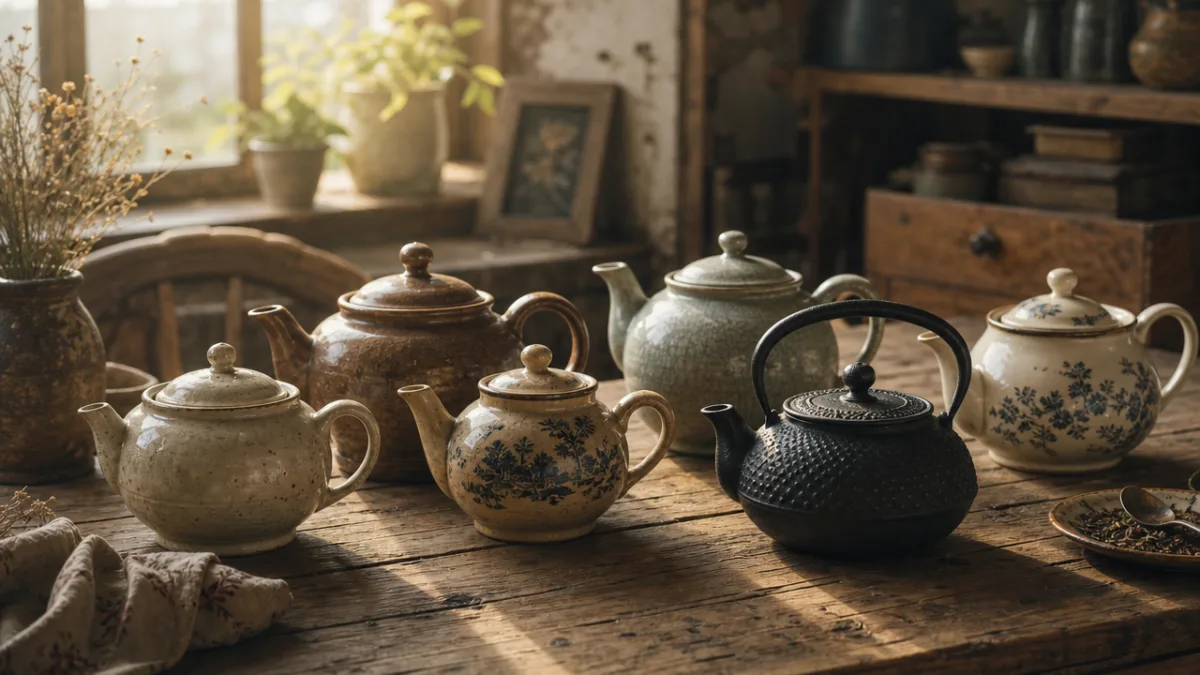 a rustic wooden table with assorted vintage teapots in earthy tones, soft…