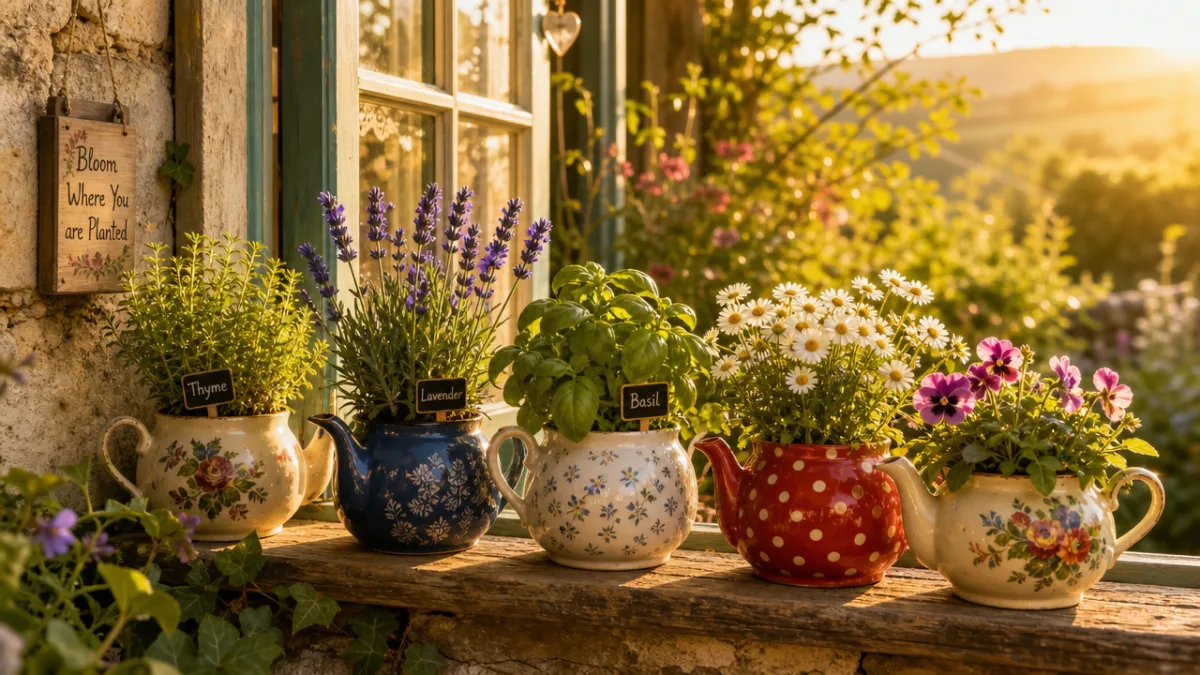 a cozy cottage windowsill with colorful teapot planters overflowing with herbs and…
