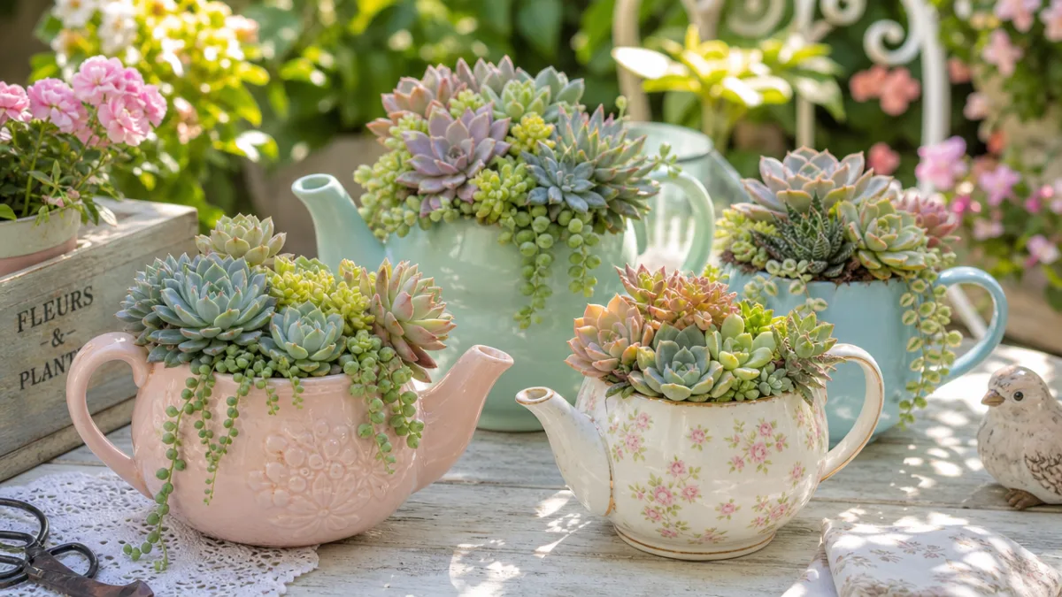 a sunlit garden table with thriving succulent teapot planters in pastel colors,…