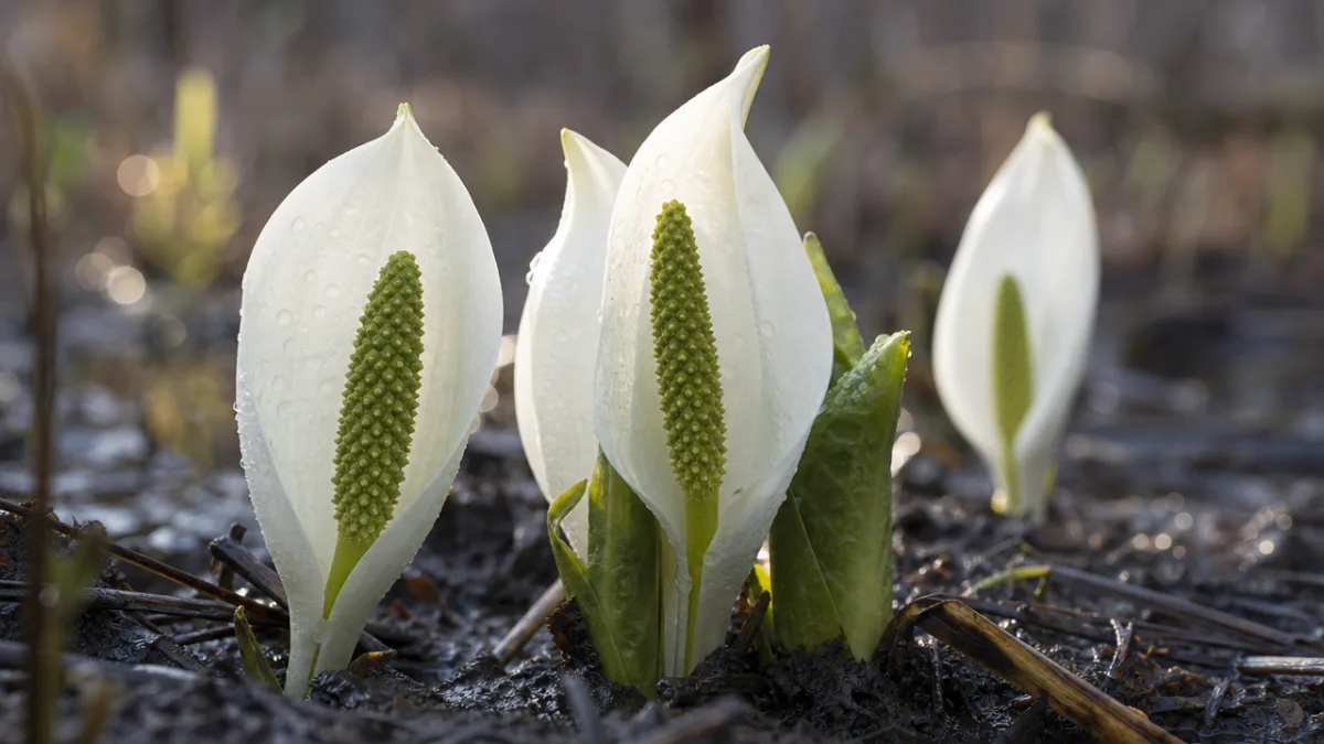 a close-up of white Lysichiton camtschatcensis spathes emerging from dark boggy soil,…