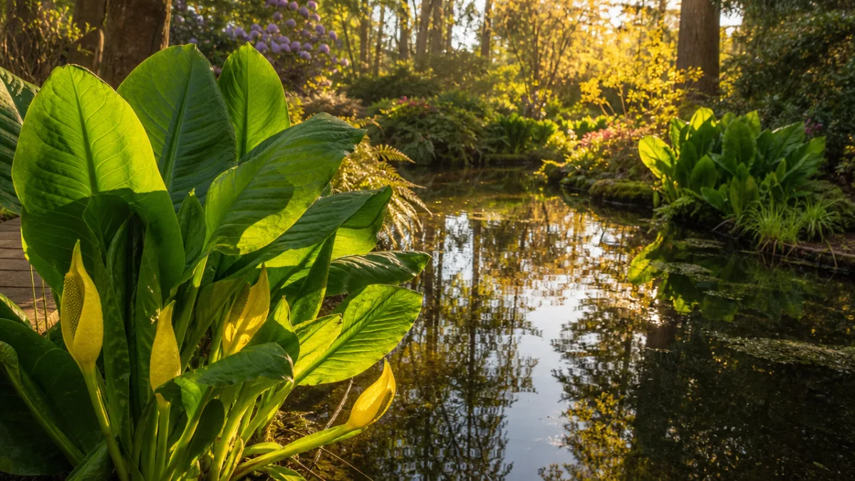 a lush bog garden with giant green Lysichiton leaves beside a calm…