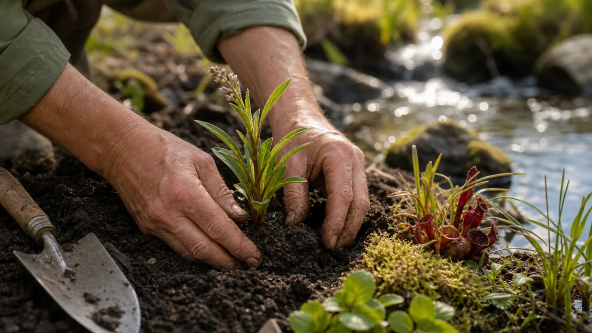 a gardener's hands carefully planting a young bog plant in rich dark…