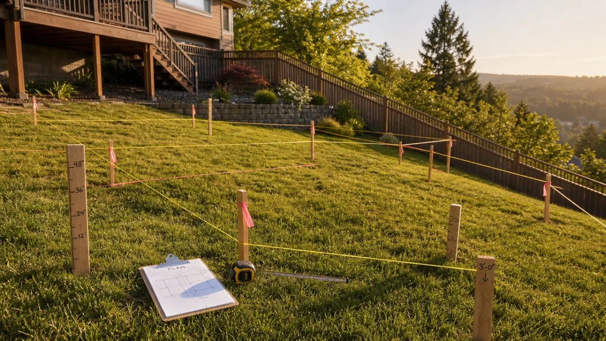a neatly marked construction site with string lines and measuring stakes on…