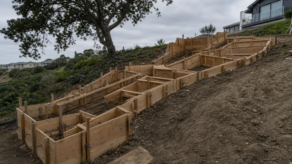 wooden concrete forms assembled on a sloped yard with rebar reinforcement visible…