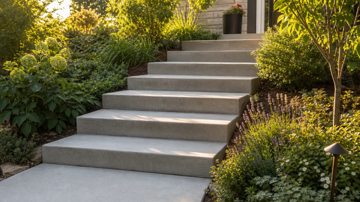 finished concrete outdoor steps surrounded by green landscaping plants and garden beds,…