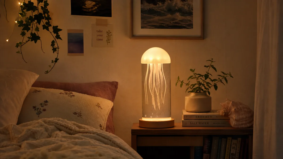 a cozy bedroom corner with a glowing jellyfish lamp on display, warm…