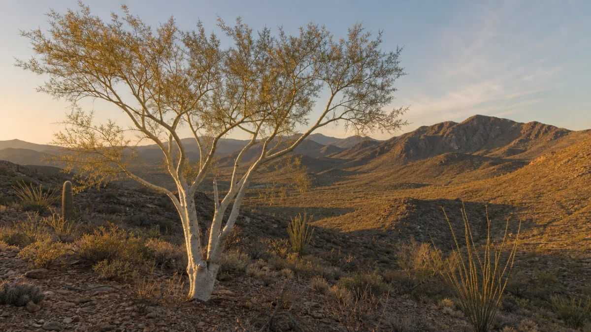 a Palo Blanco tree standing in a dry Baja California desert hillside…
