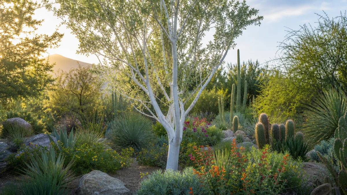 a lush desert garden with a young Palo Blanco tree as focal…