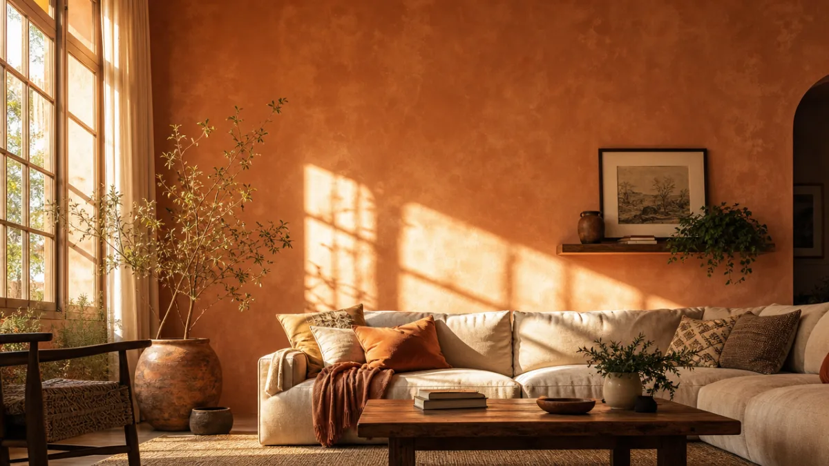 a warm living room wall with soft limewash texture in warm terracotta,…