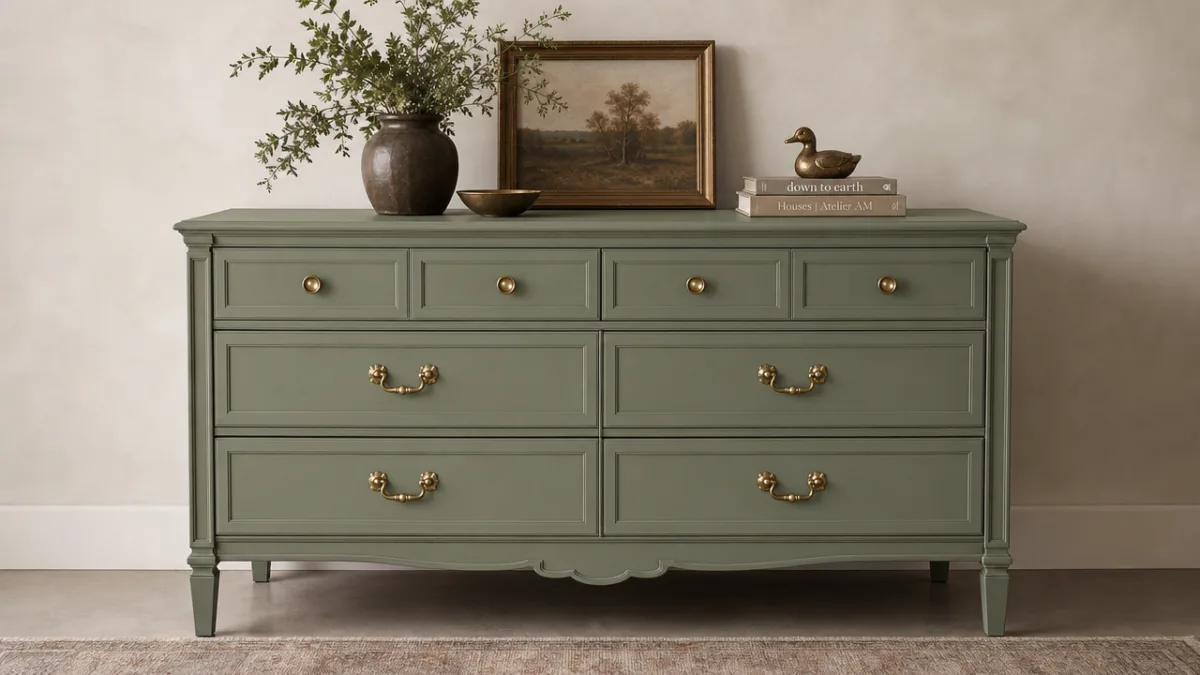 a beautifully styled thrift store dresser repainted in sage green with brass…
