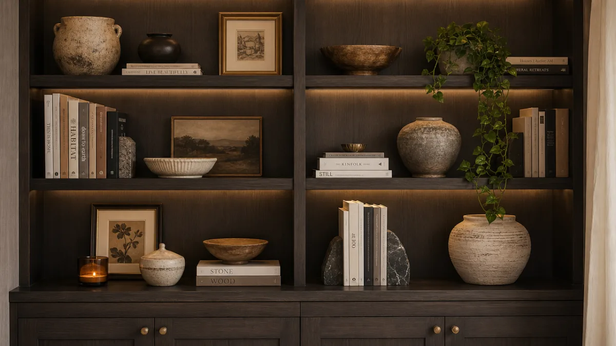 an elegantly styled bookshelf with layered textures, ceramics, books, and a small…