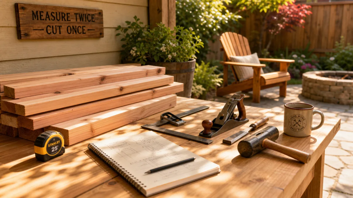 a sunlit backyard patio corner with raw cedar lumber and woodworking tools…