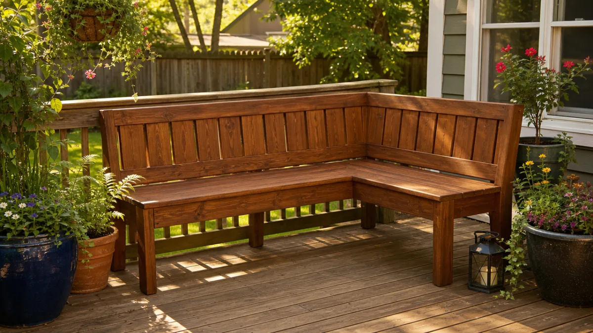 a freshly stained wooden corner bench on a backyard deck surrounded by…