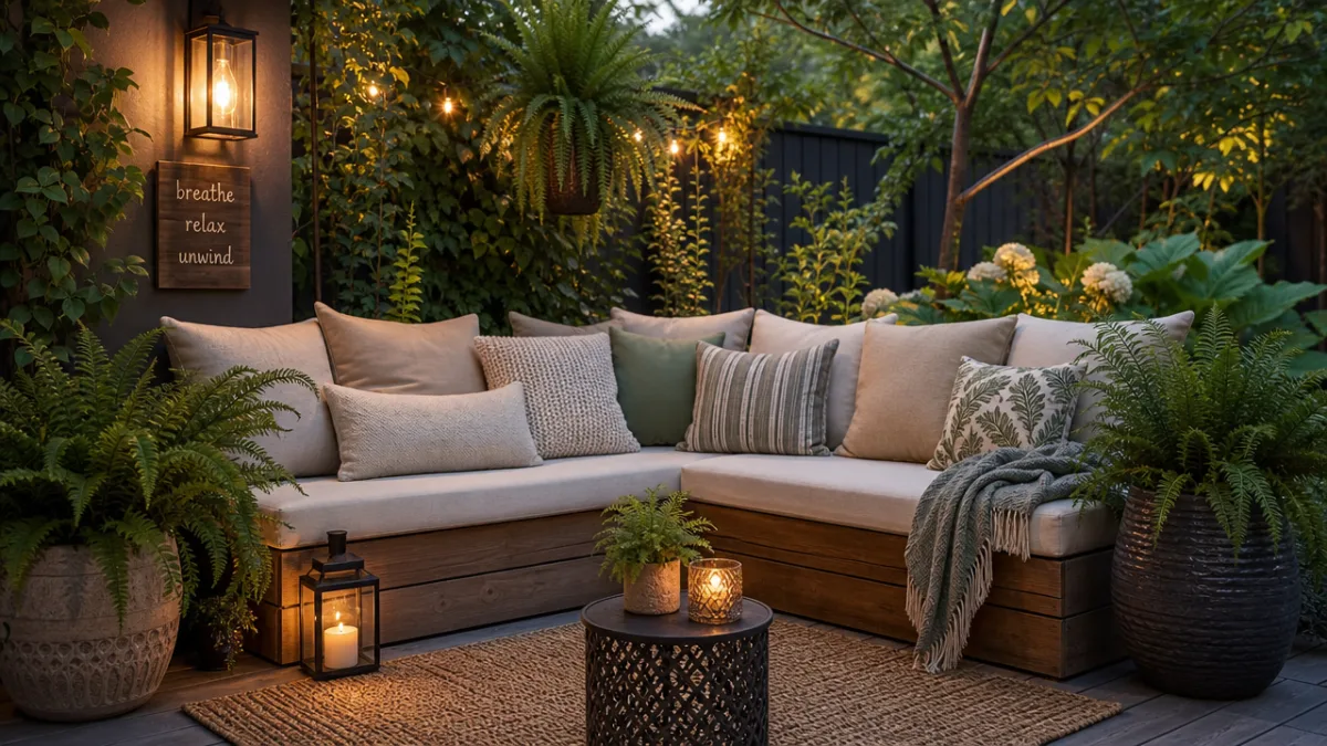 a cozy outdoor corner bench with plush cushions and potted ferns in…