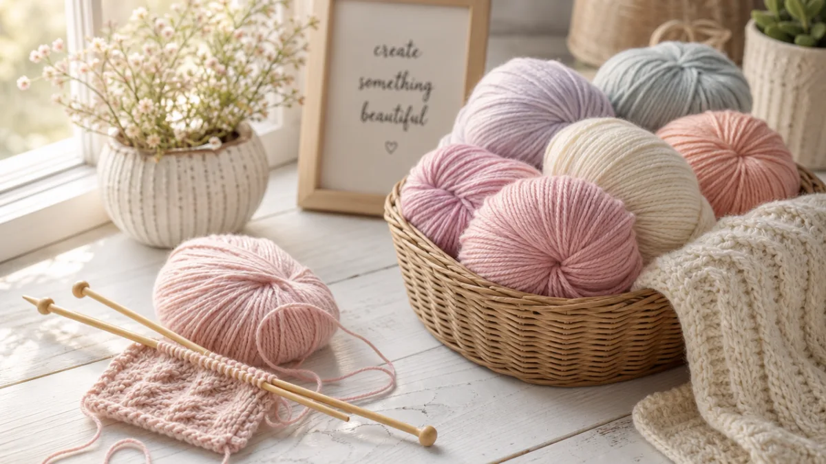 soft pastel yarn skeins and knitting needles arranged on a white wooden…