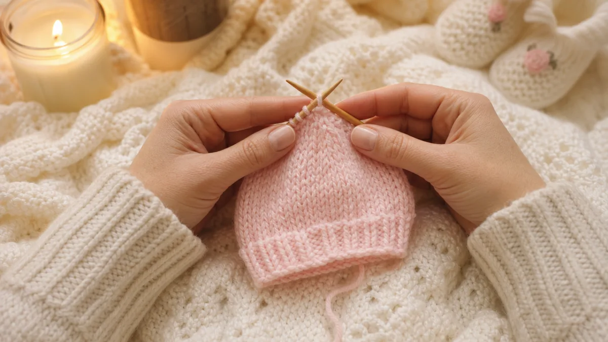 hands knitting a tiny soft pink baby hat with wooden needles on…