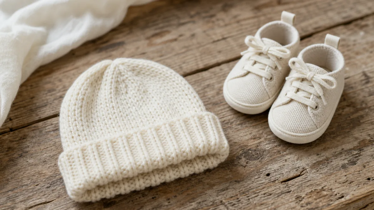 a folded newborn baby hat in soft cream yarn displayed on a…