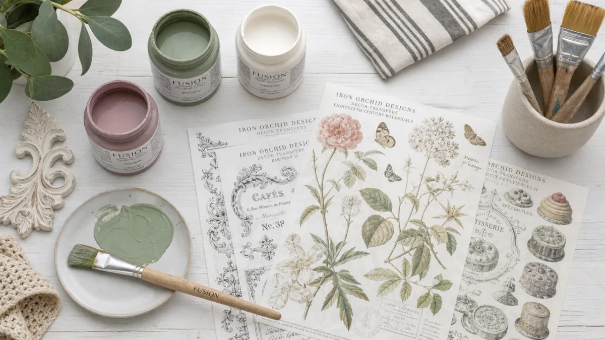 a flat lay of craft supplies including paint, brushes, and decorative transfer…