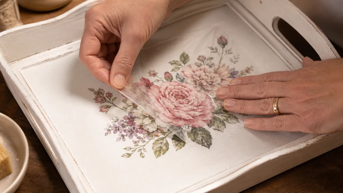 close-up hands applying a decorative floral transfer onto a painted white tray,…